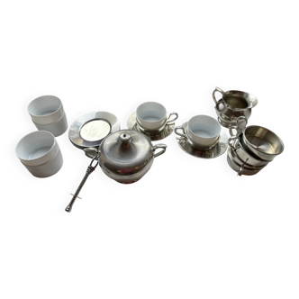 Dumanoir pewter coffee tea service Limoges porcelain