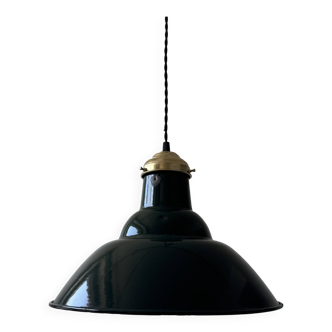 Ancienne suspension industrielle emaillee verte 34 cm