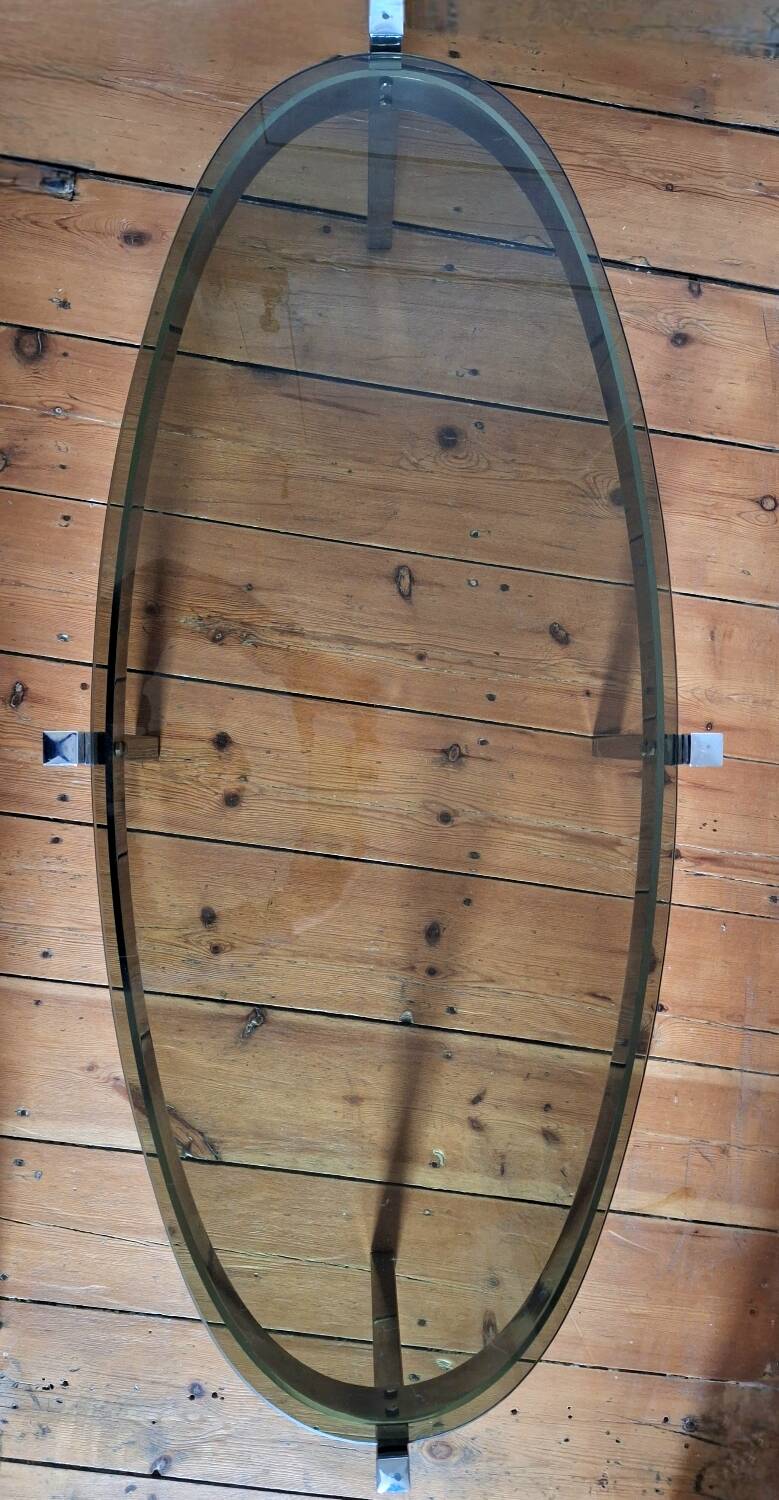 Vintage oval chrome and smoked glass coffee table, antique furniture