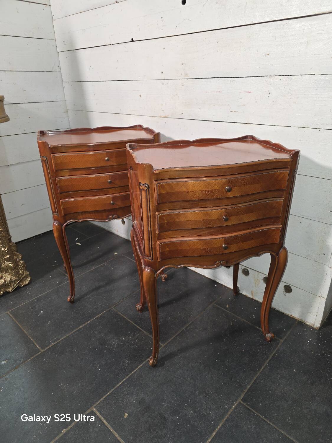 Pair of Louis XV style bedside tables in cherry wood marquetry.