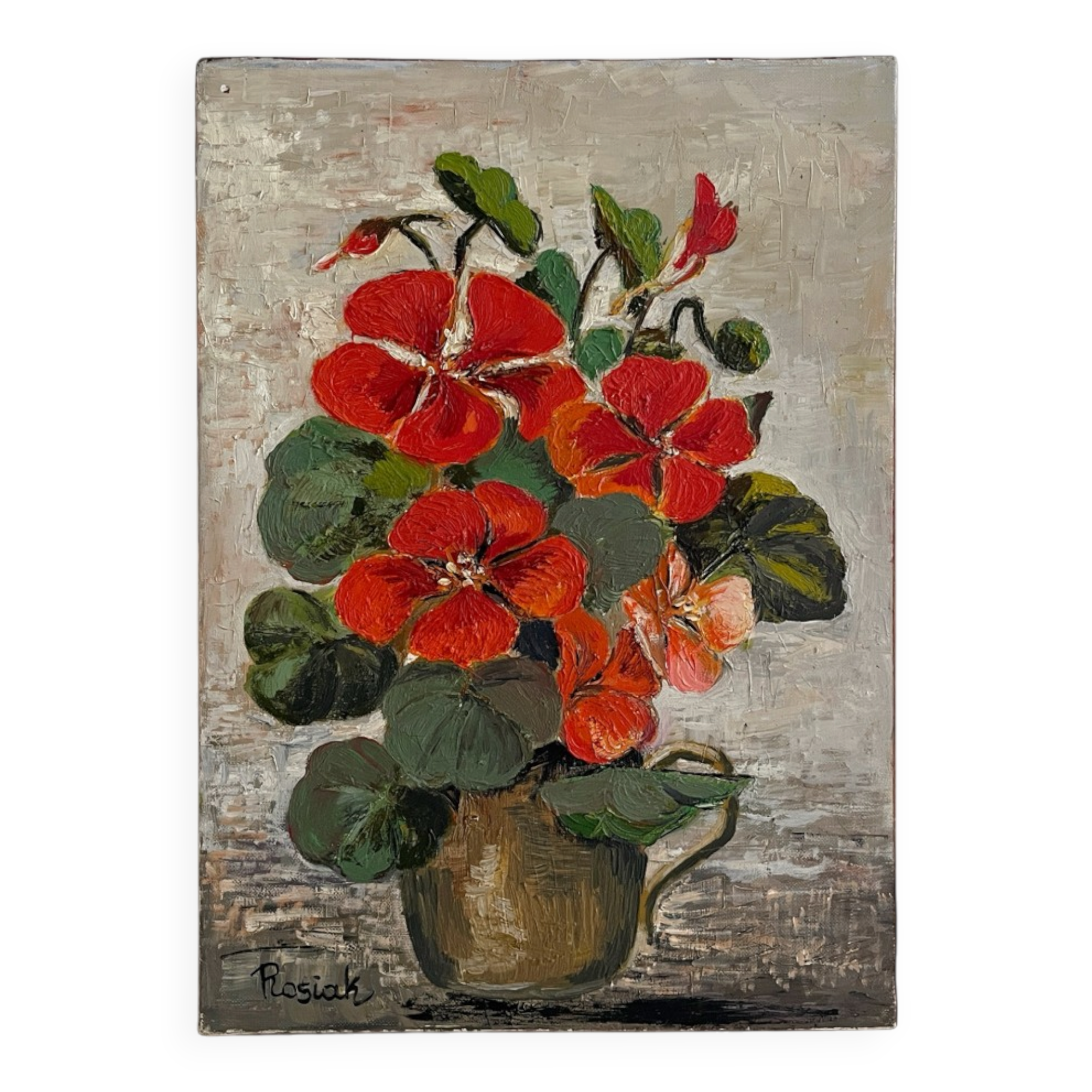 Peinture huile sur toile capucines fleurs vintage