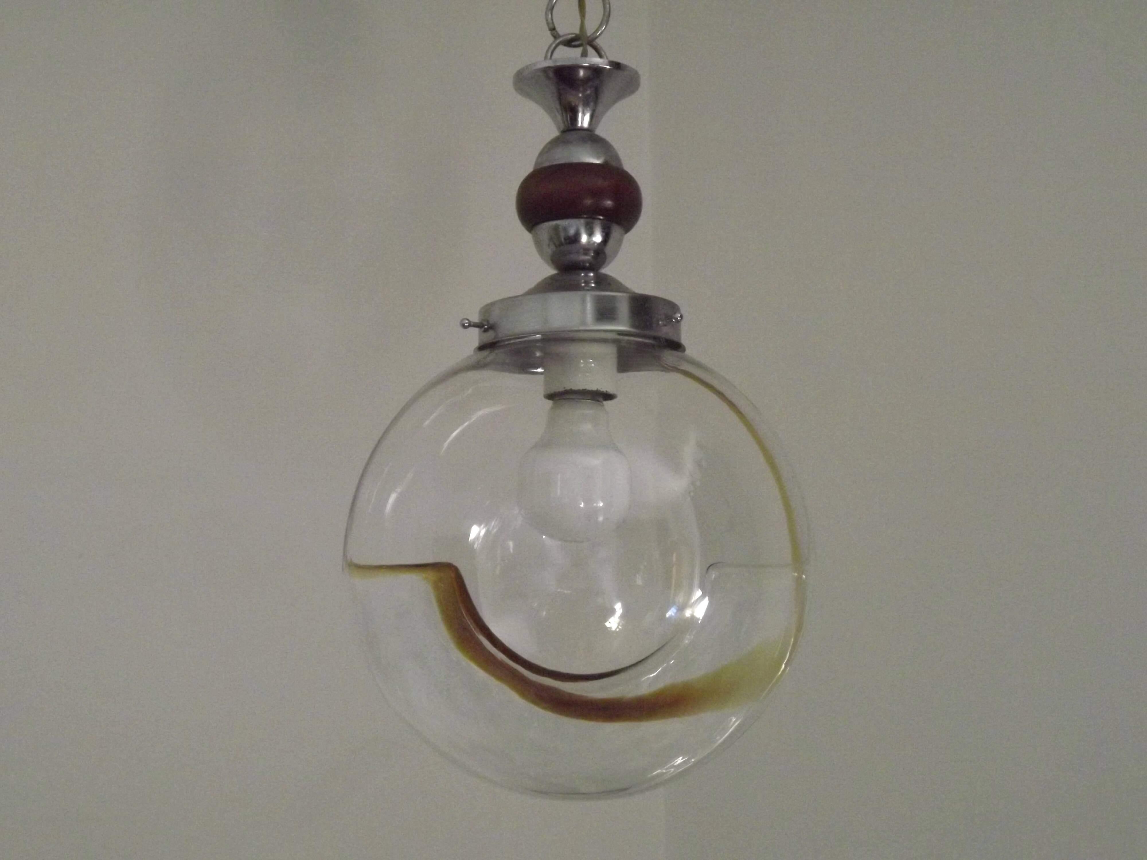 Vintage Murano Glass Globe Pendant Ceiling Light Amber Wave Mazzega Style