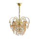Lustre vintage suspension en métal doré et laiton feuilles en verre rose et pampilles. Année 70 80