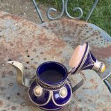 Vase and small teapot in cobalt blue enameled ceramic with artisanal and oriental pewter inserts