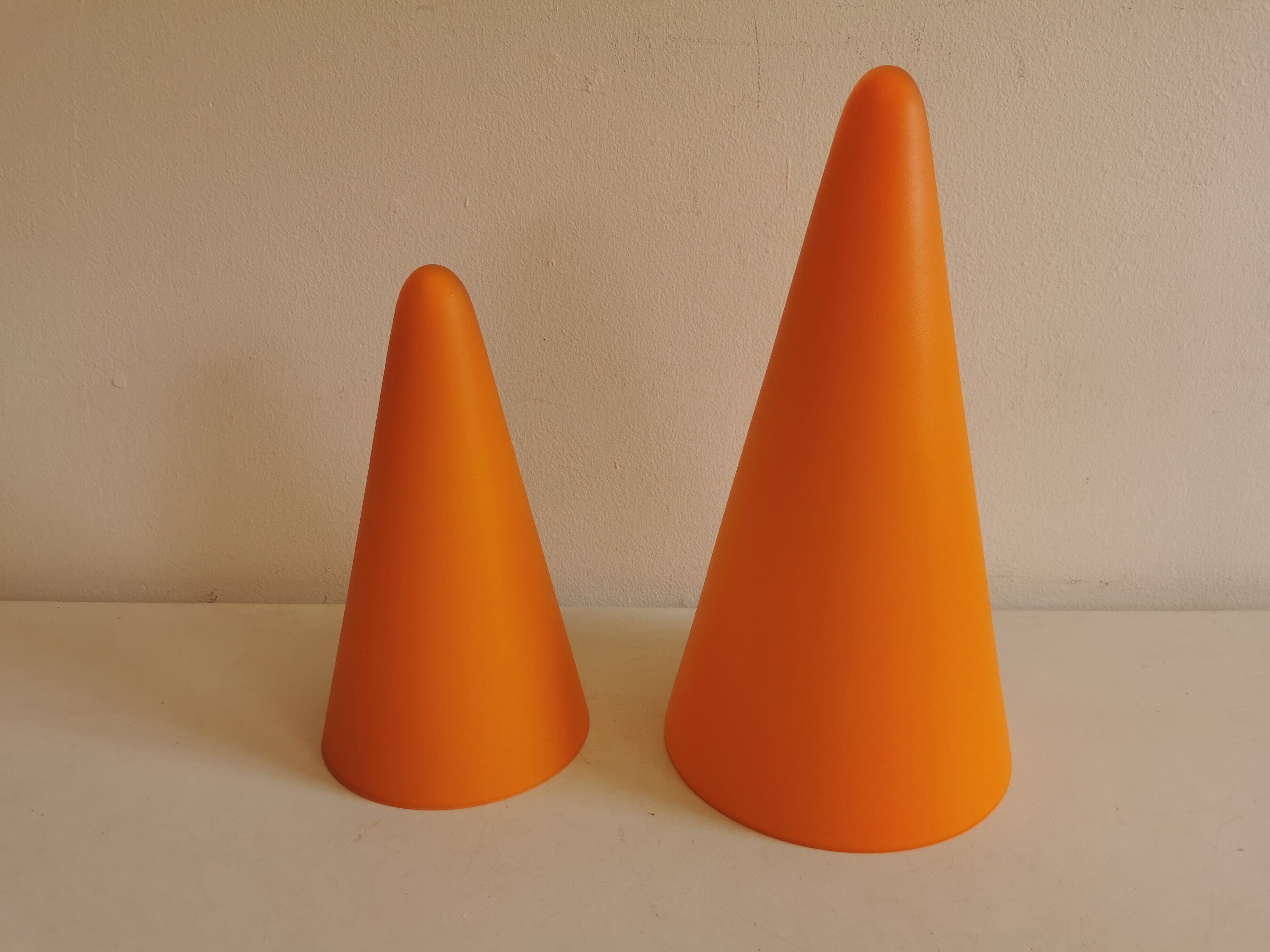 Table lamps, model Teepee, from the 80s in double-layer glass (orange and milky white)