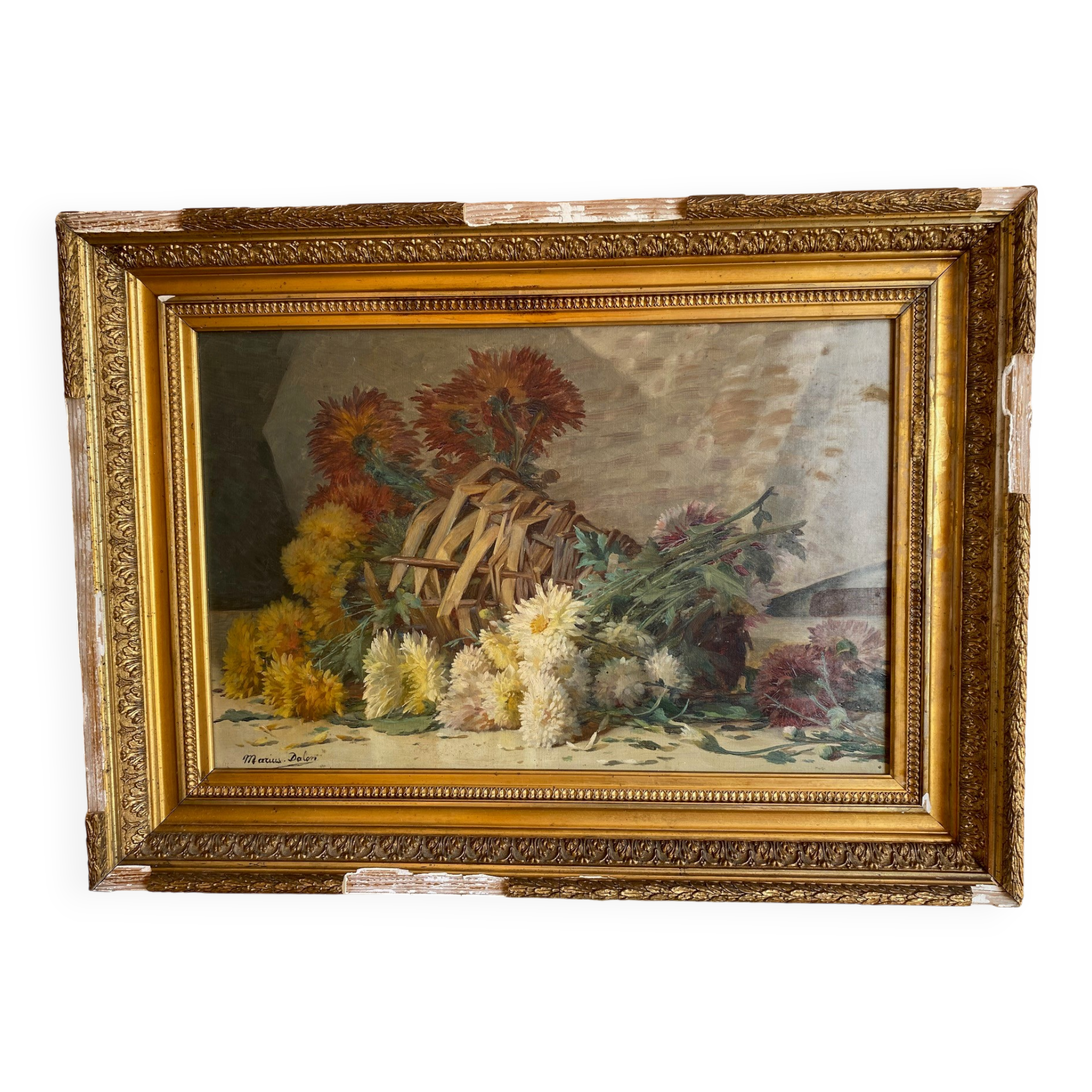 STILL LIFE BOUQUET OF DAHLIAS OIL PAINTING SIGNED MARIUS DALON EARLY 20TH CENTURY