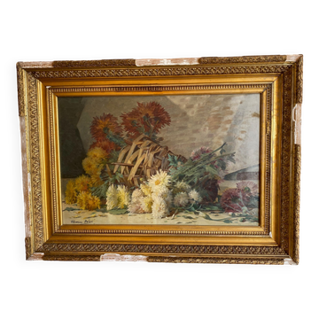 Peinture à l'huile nature morte bouquet de dahlias signé Marius Dalon, début XXème