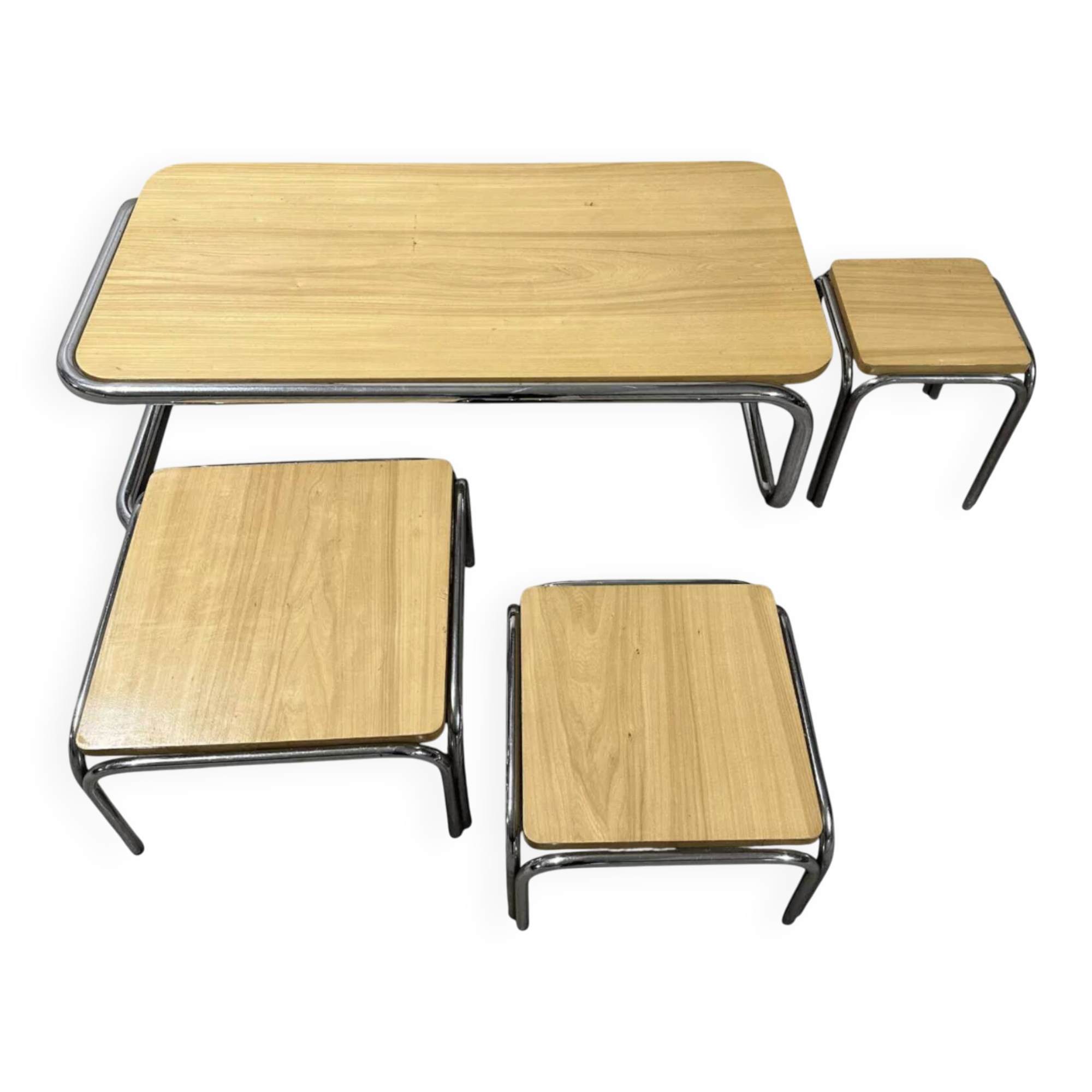 Set of 4 nesting coffee tables from the 70s, metal and solid oak.