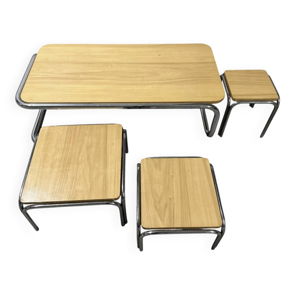 Ensemble de 4 tables de salon gigognes 70s métal et chêne massif