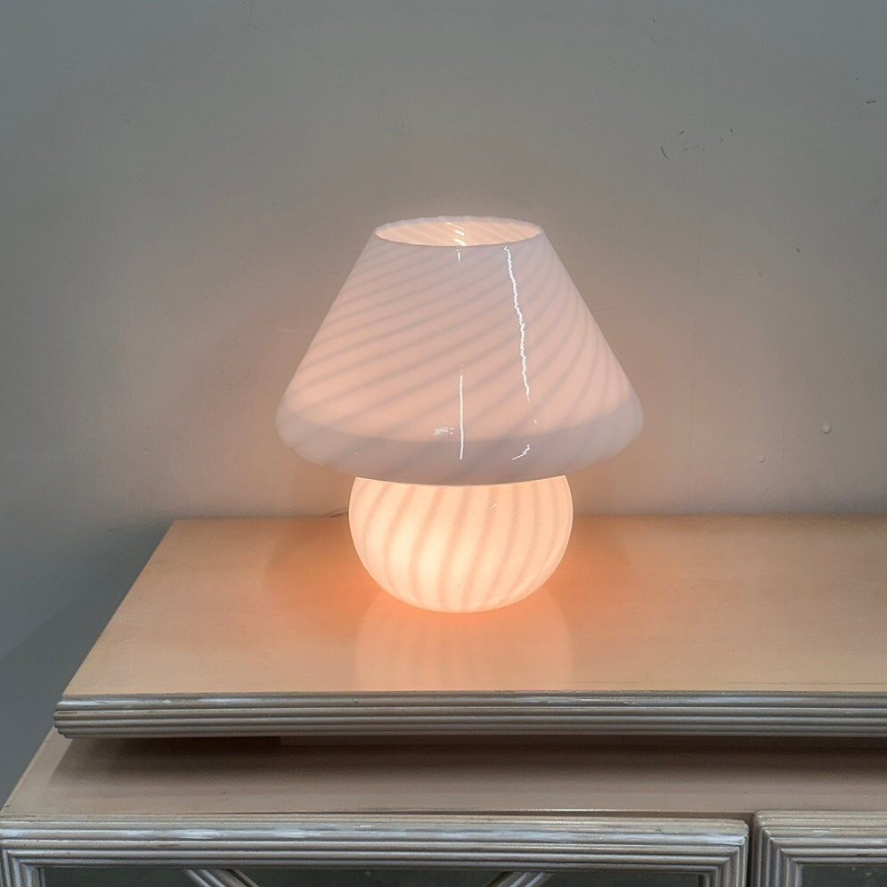 Vintage white swirl glass mushroom lamp – Italian style opaline table lamp. 1970