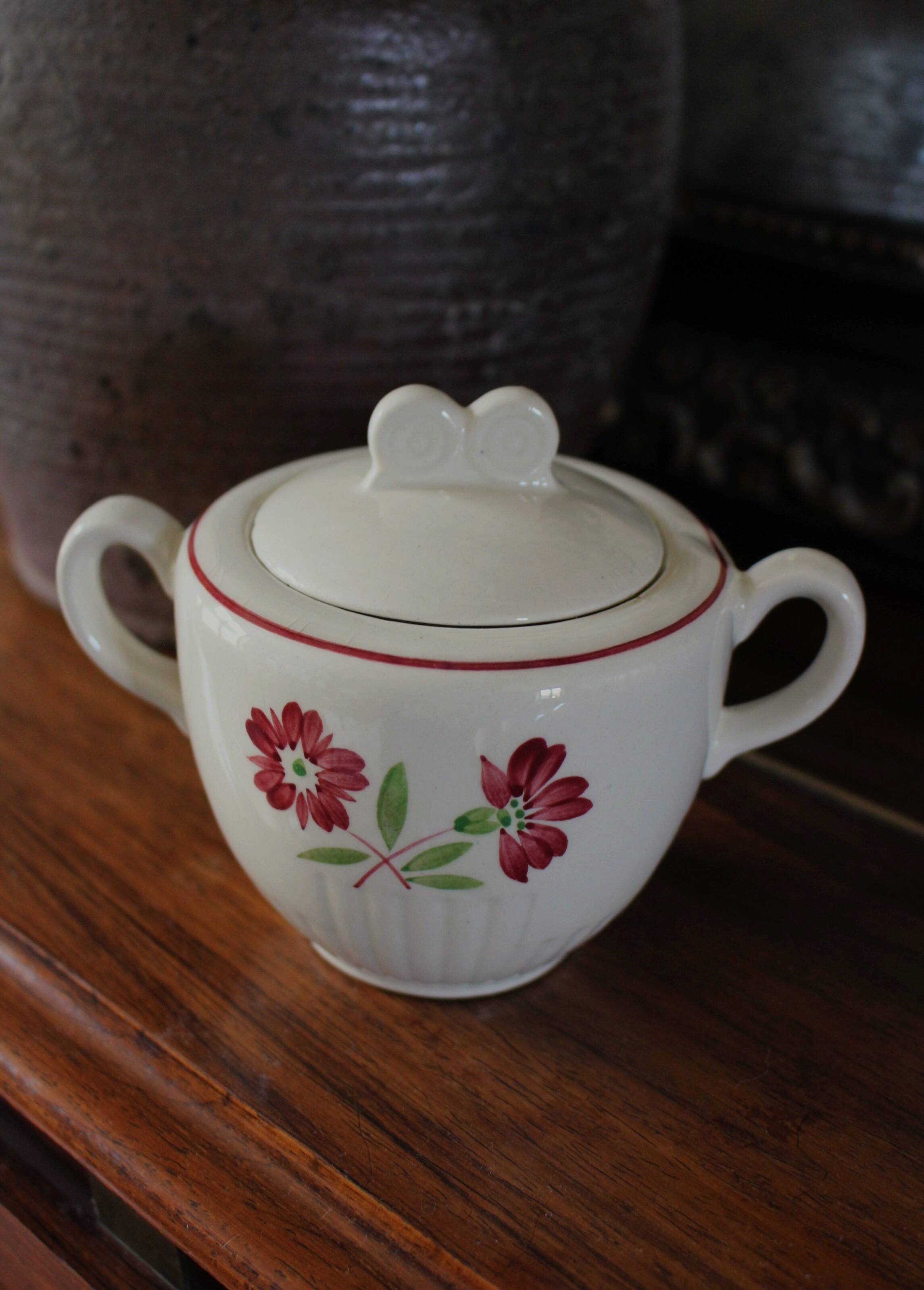 Jacques Lunéville ceramic sugar bowl with red flowers Art Deco