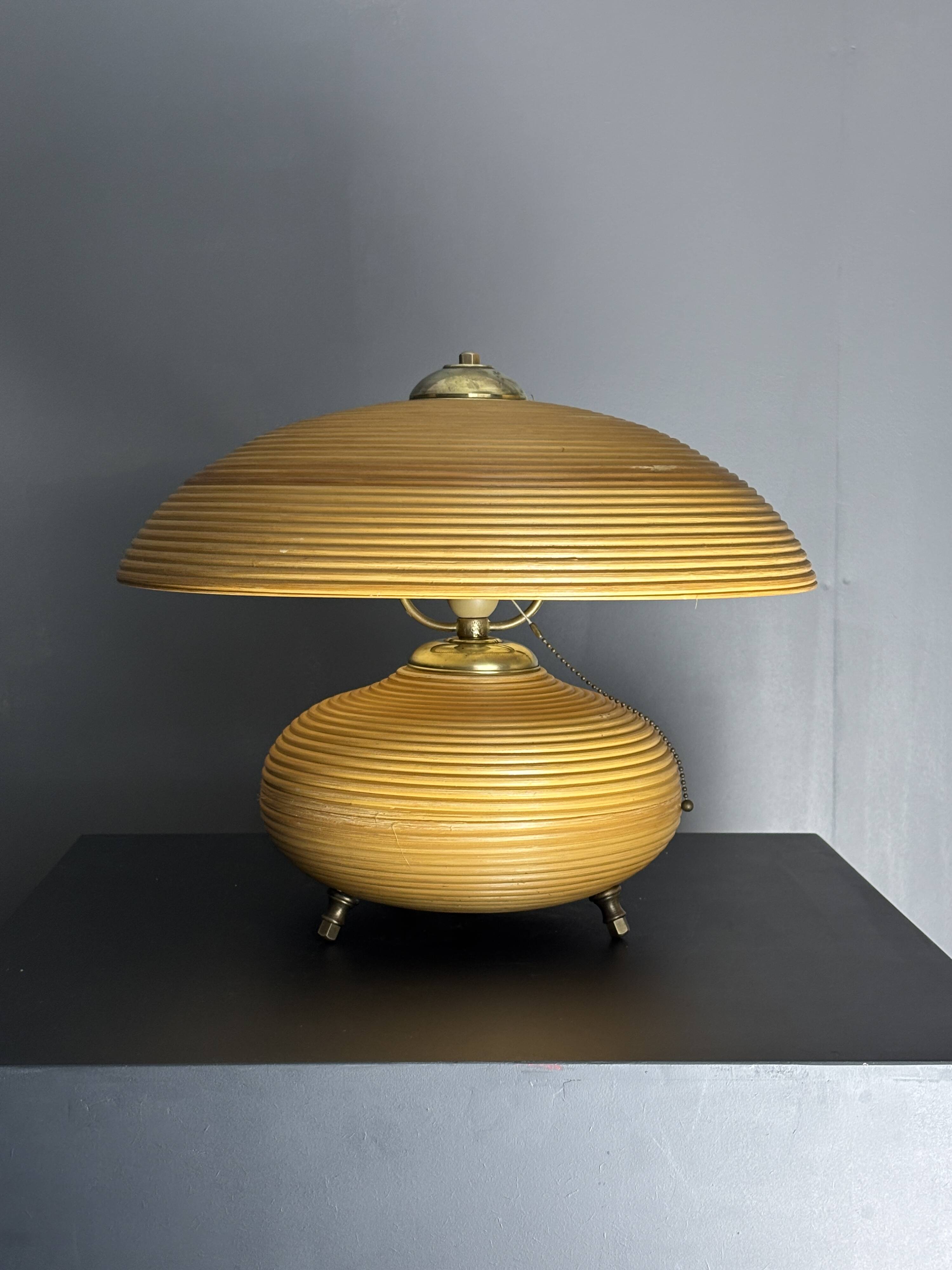 Pencil Reed Rattan Bamboo and Brass Mushroom Table Lamp, Italy, 1970s