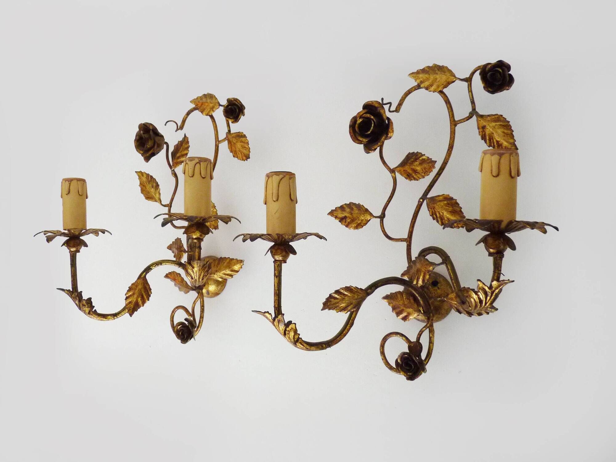 Pair of vintage wall lights with gold metal foliage flowers, 1960s