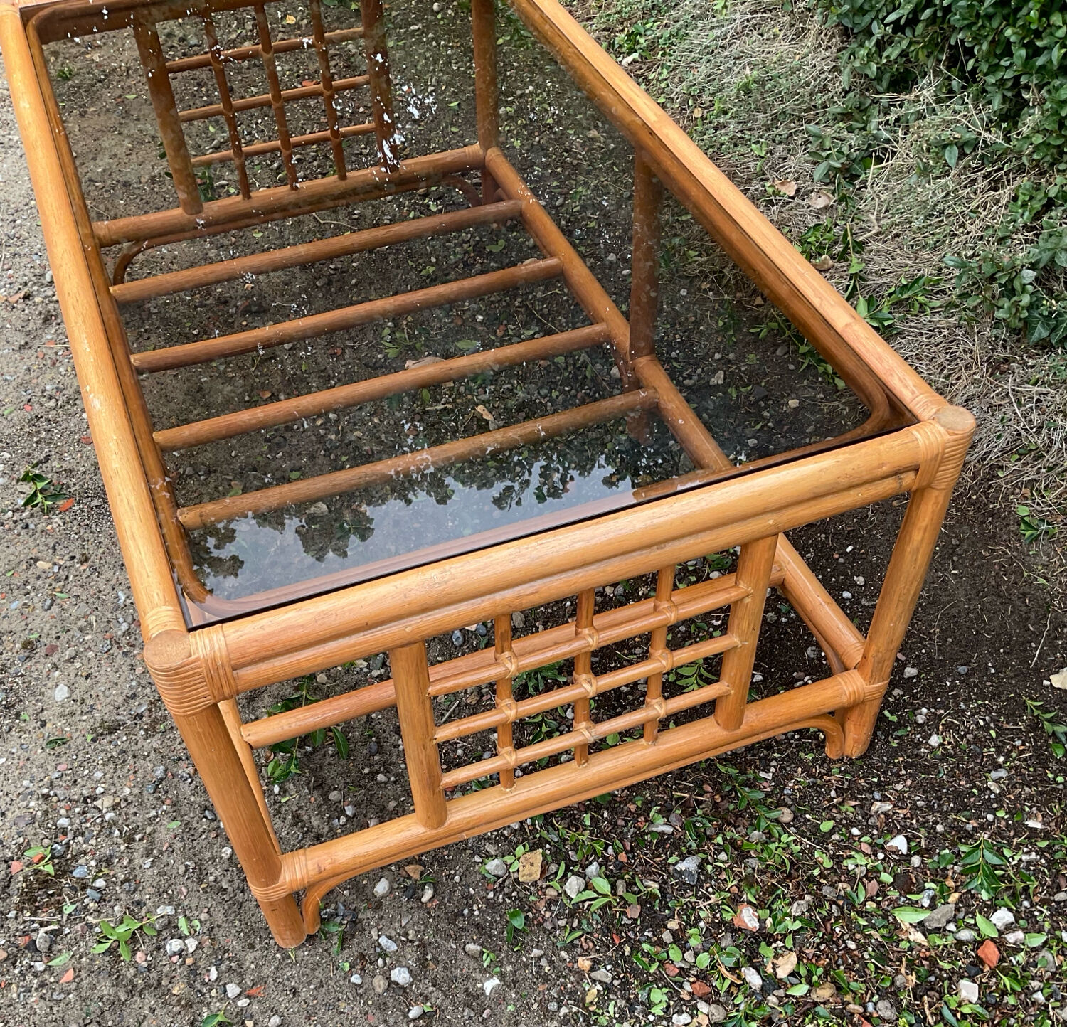 Vintage rattan and smoked glass coffee table