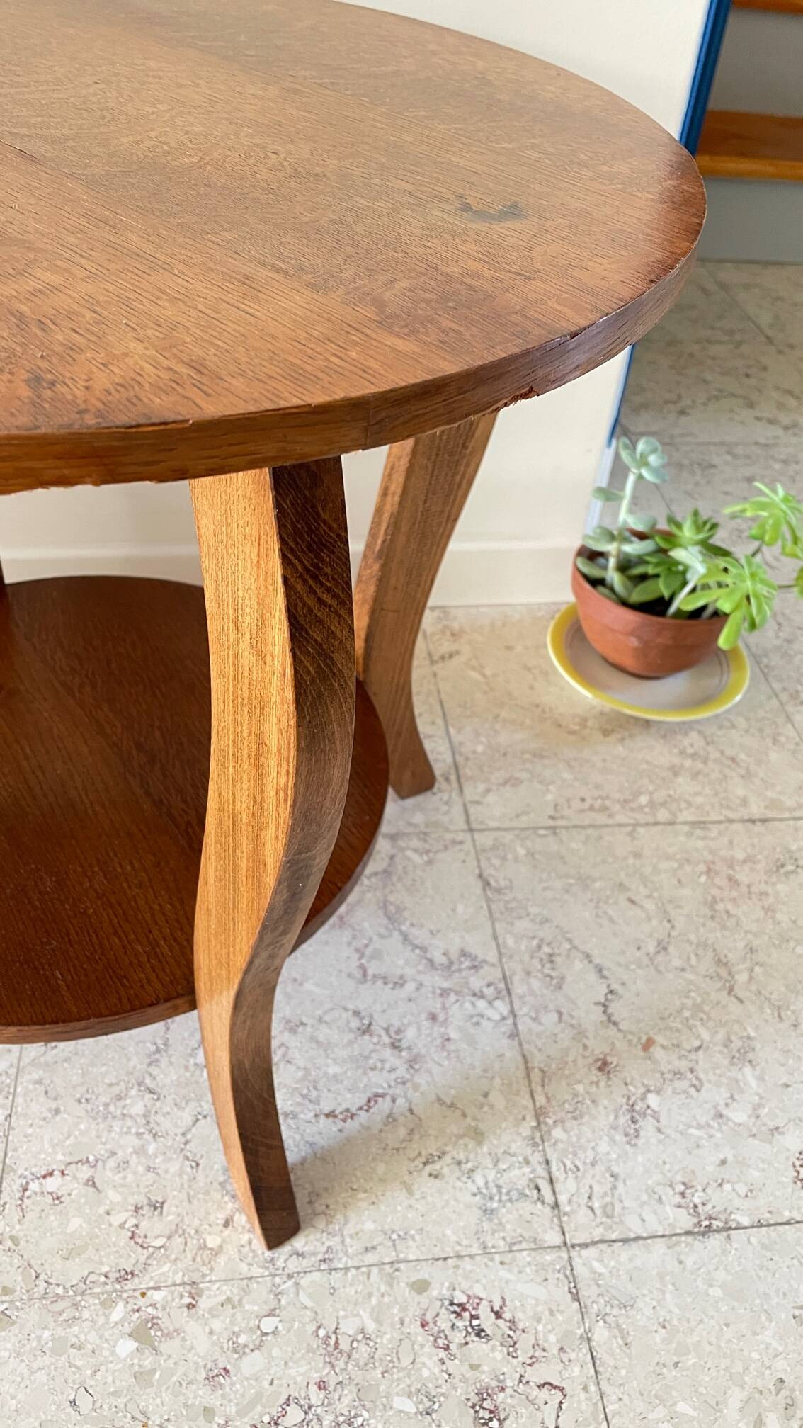 Vintage round oak coffee table with 2 shelves