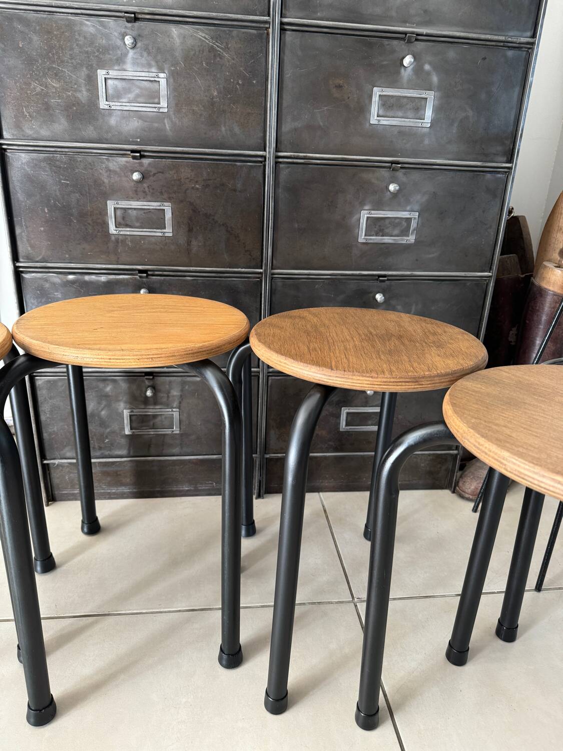 Series of 4 metal and wood school stools