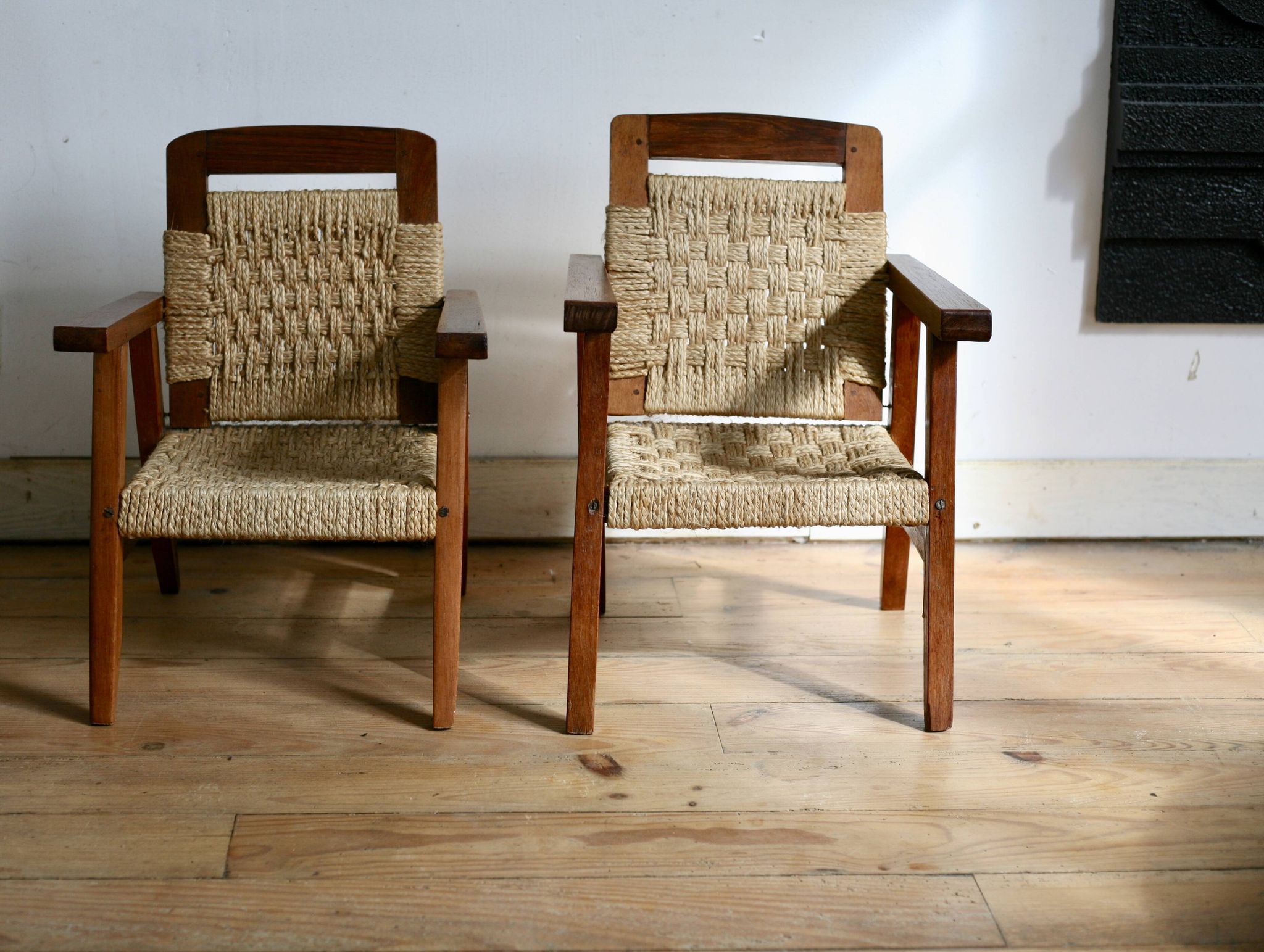 Pair of children's armchairs in rope, attributed to Audoux Minet.