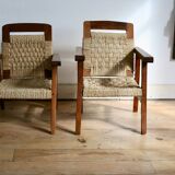 Pair of children's armchairs in rope, attributed to Audoux Minet.