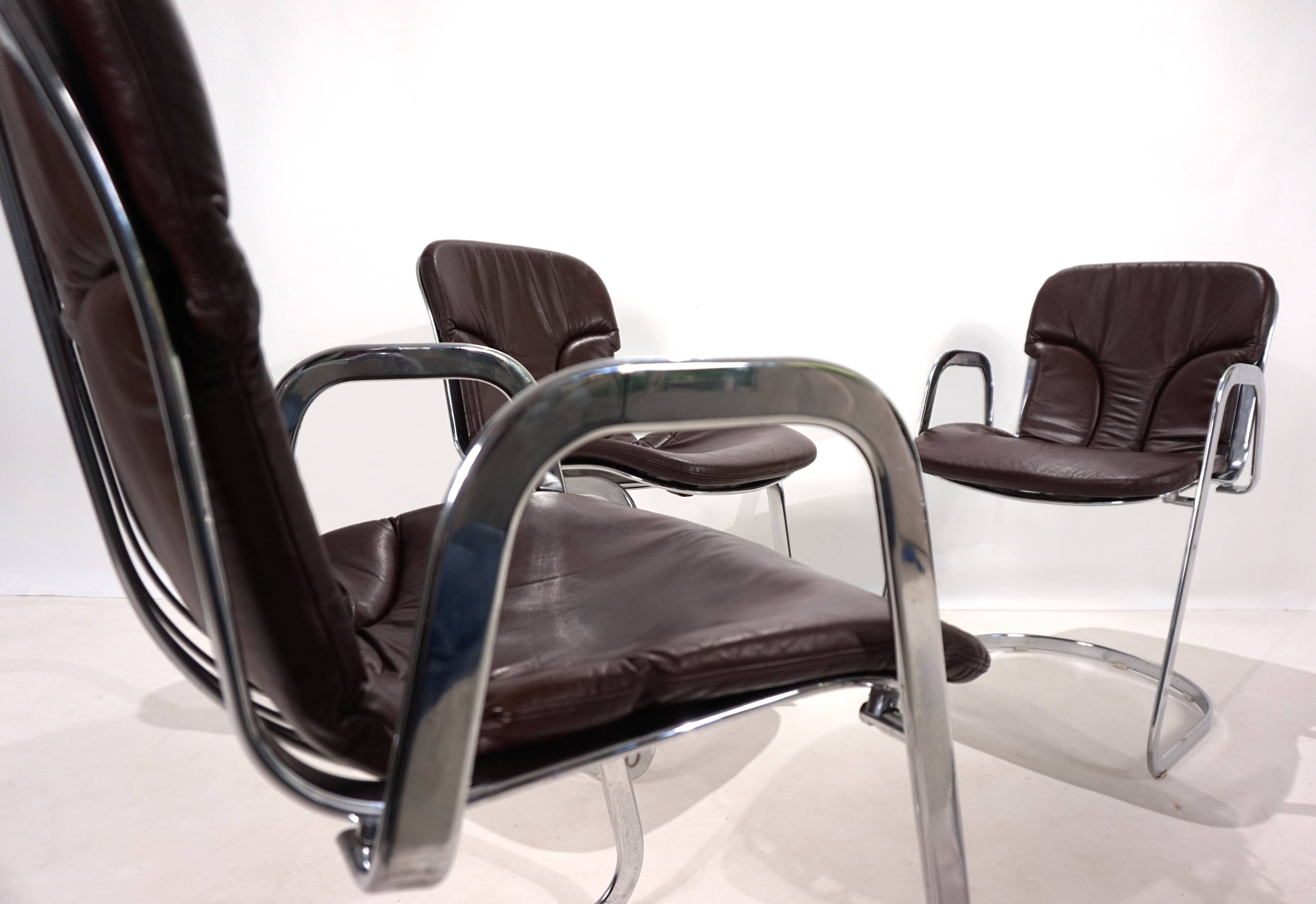 Set of four Cidue leather chrome cantilever chairs by Willy Rizzo, 1970
