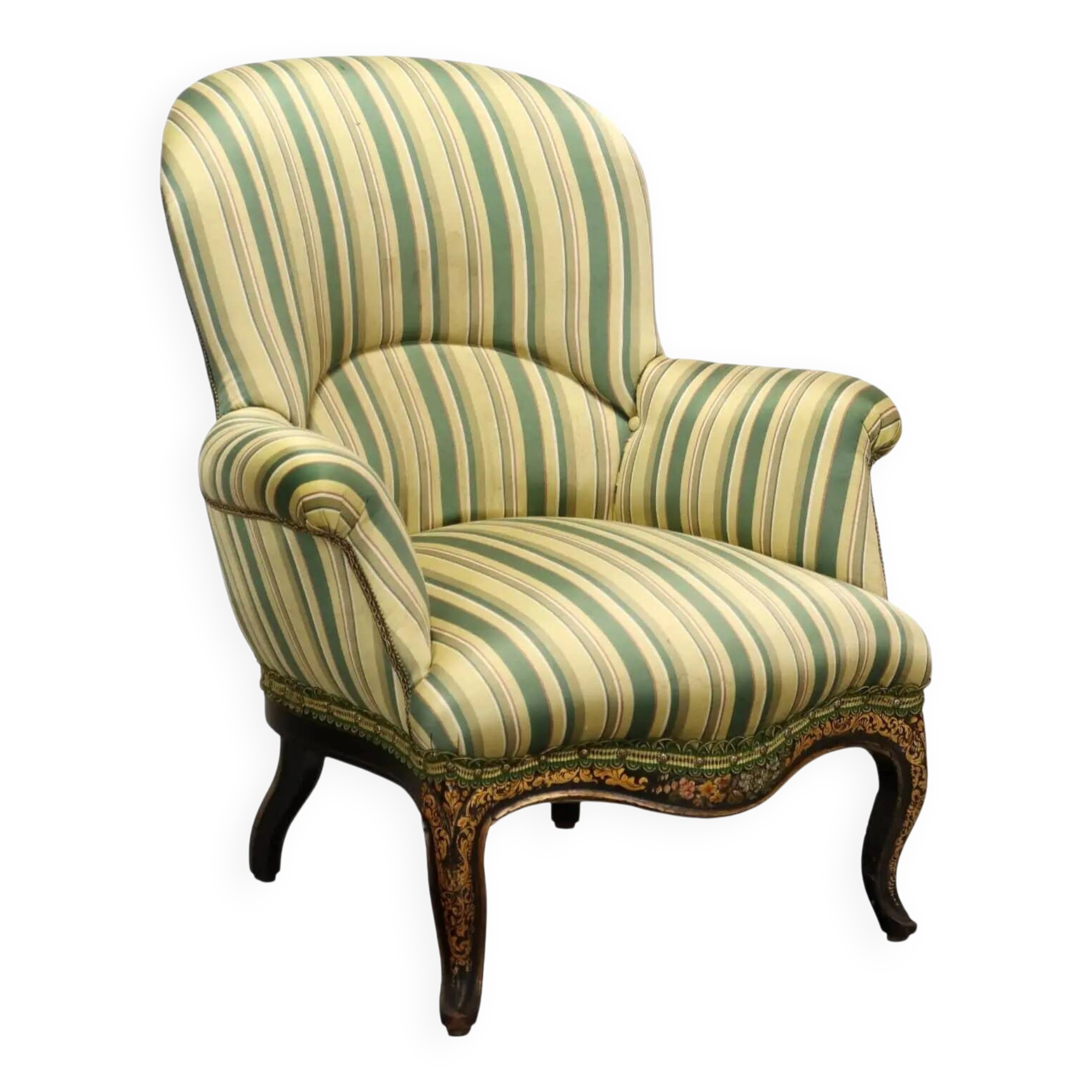 Antique upholstered and lacquered wooden armchair, Italy, late 19th century.