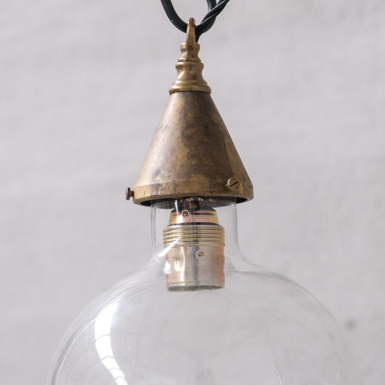 Clear Glass and Brass Bulb Mid-Century French Pendant Light