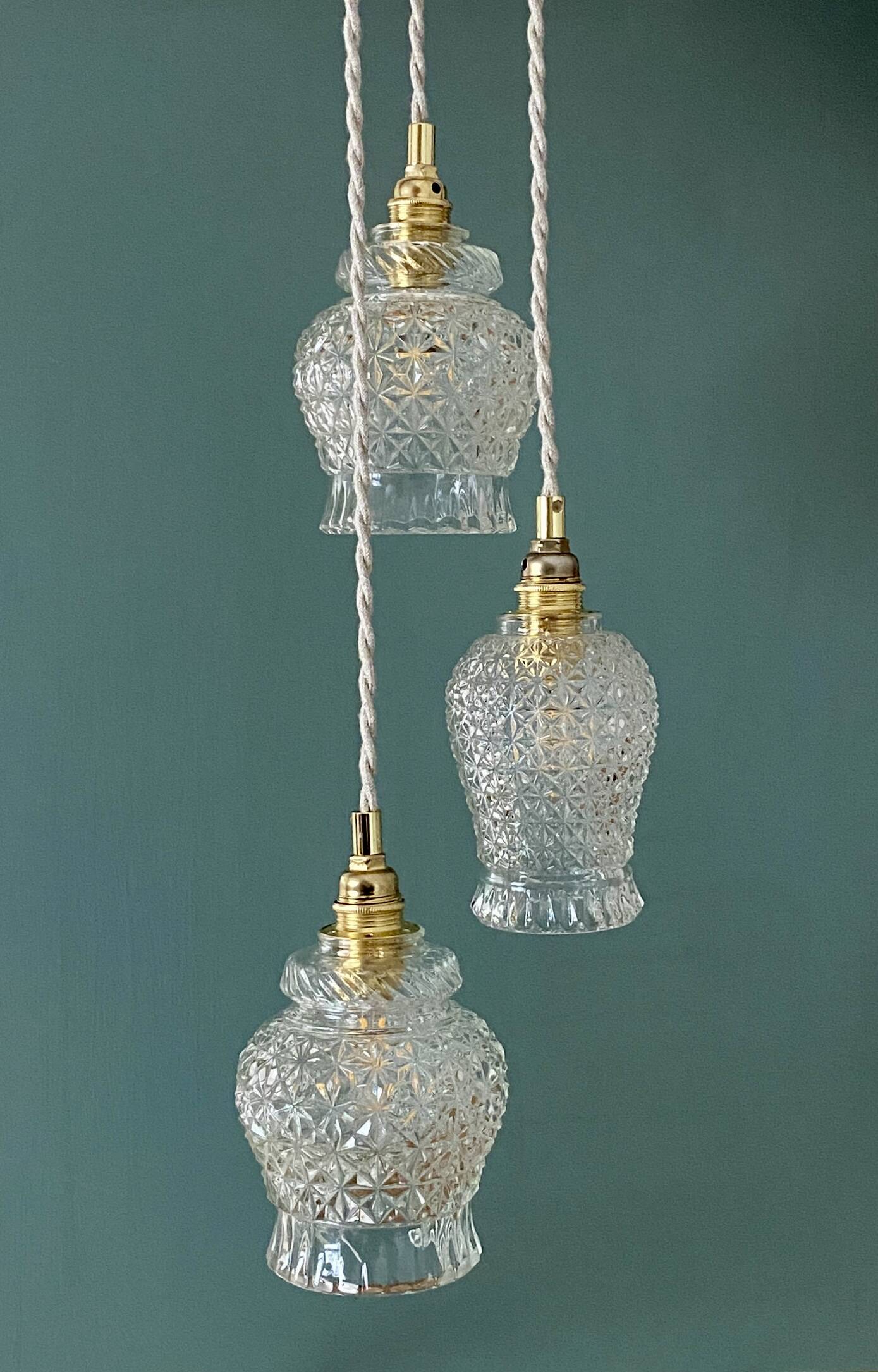 Vintage triple tulip pendant light in molded glass