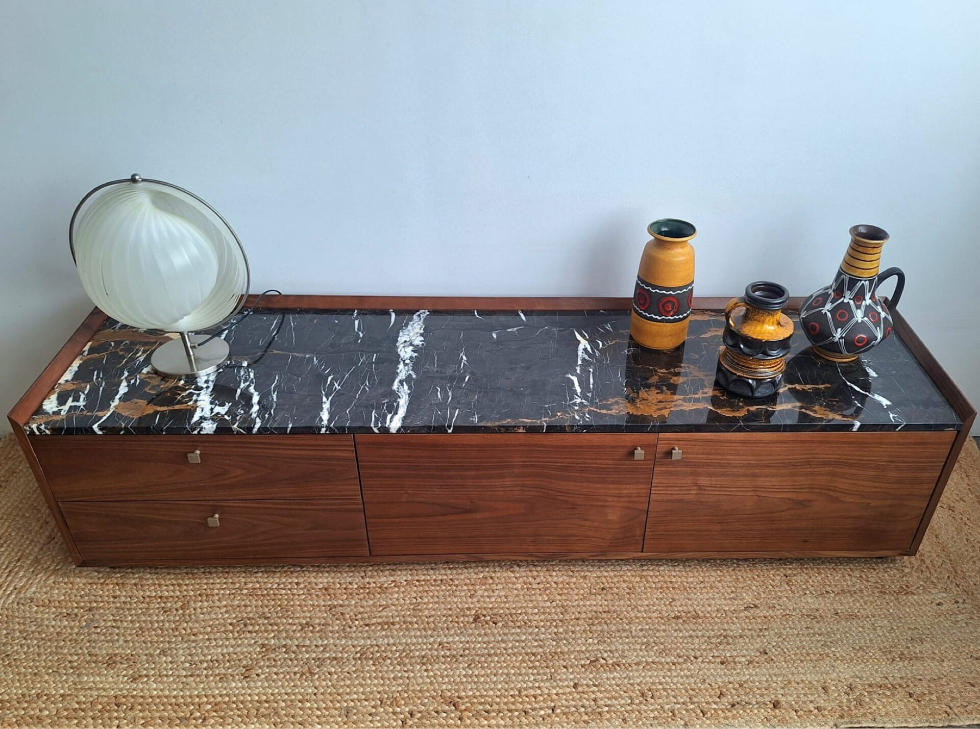 AMPM Noham TV unit, walnut sideboard with amber marble.