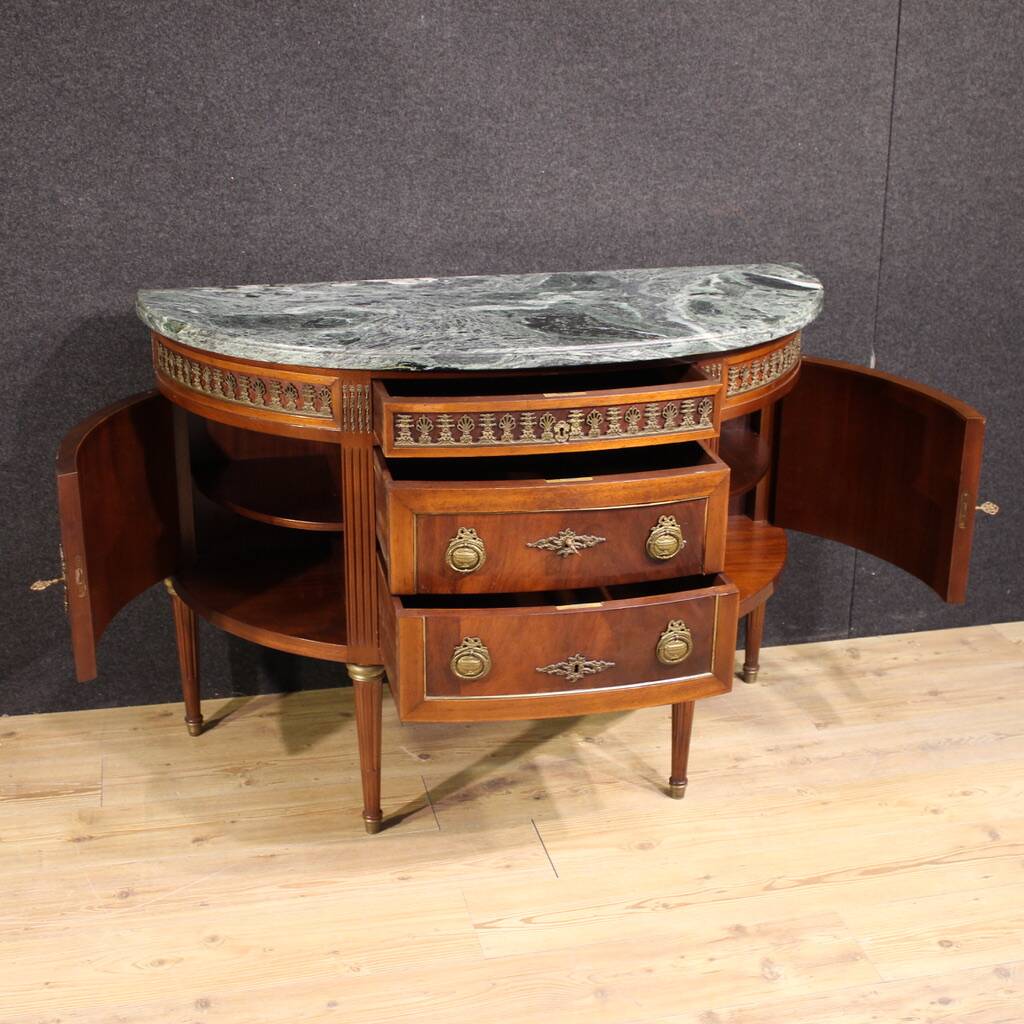 French Louis XVI style half-moon commode with marble top