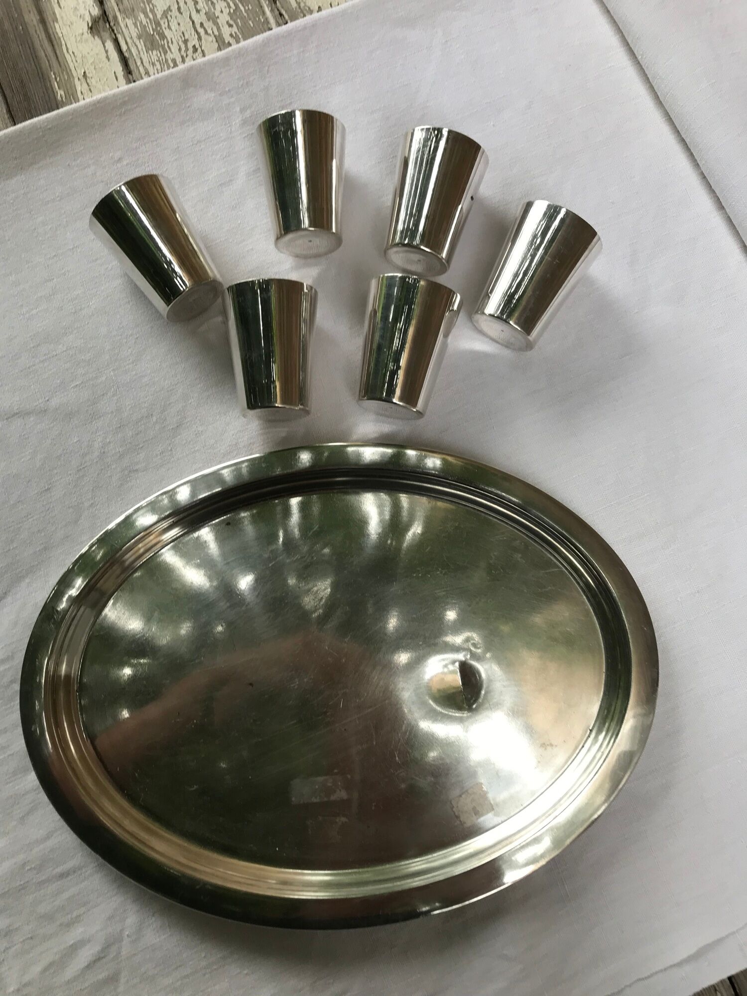 Silver Metal Liquor Service. tray and 6 cups