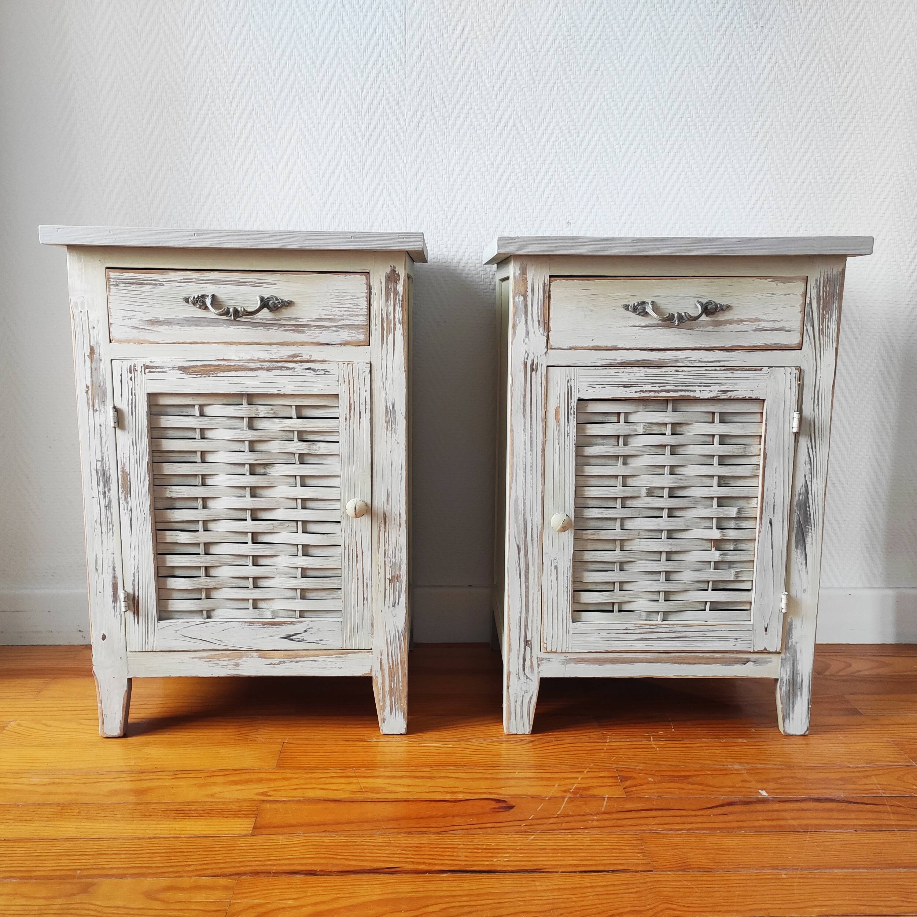 Pair of patinated bedside tables and end tables