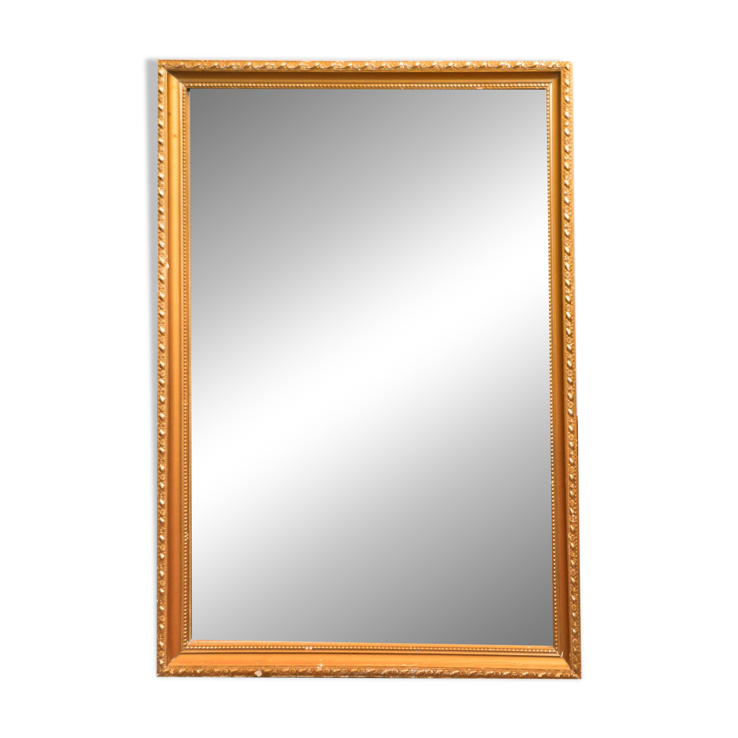 Vintage rectangular gilt mirror, molded wooden frame with beads and fire