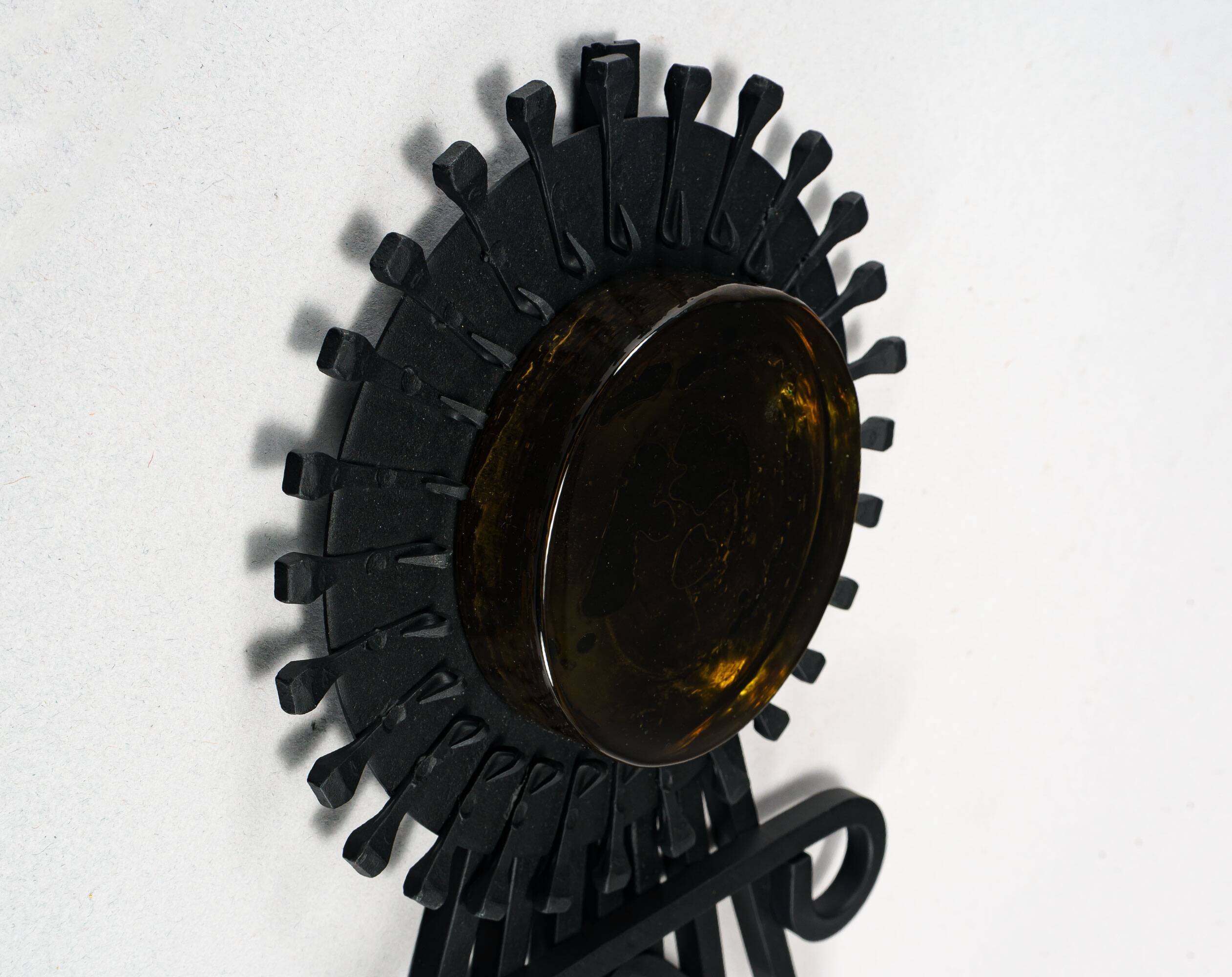 1960s Dantoft Brutalist Wrought Iron & Glass Wall-Hanging Candleholder