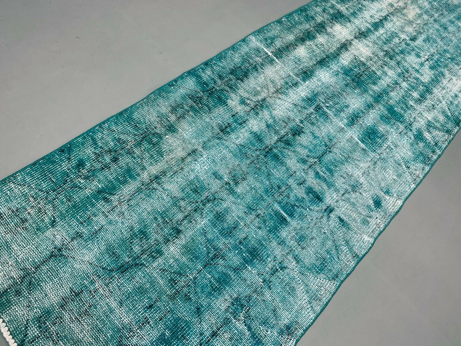 Distressed Turkish Narrow Runner 282x88 cm wool Vintage rug, Overdyed Blue