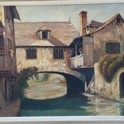 Huile sur toile "Maison enjambant le canal"