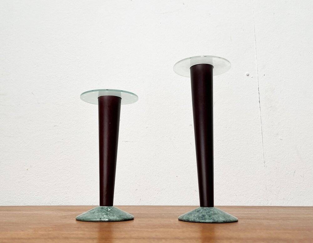 Vintage postmodern Italian wooden and stone candle holders, 1980s, set of 2.