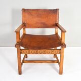 19th century oak and cognac leather brutalist castellana spanish armchair