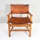 19th century oak and cognac leather brutalist castellana spanish armchair