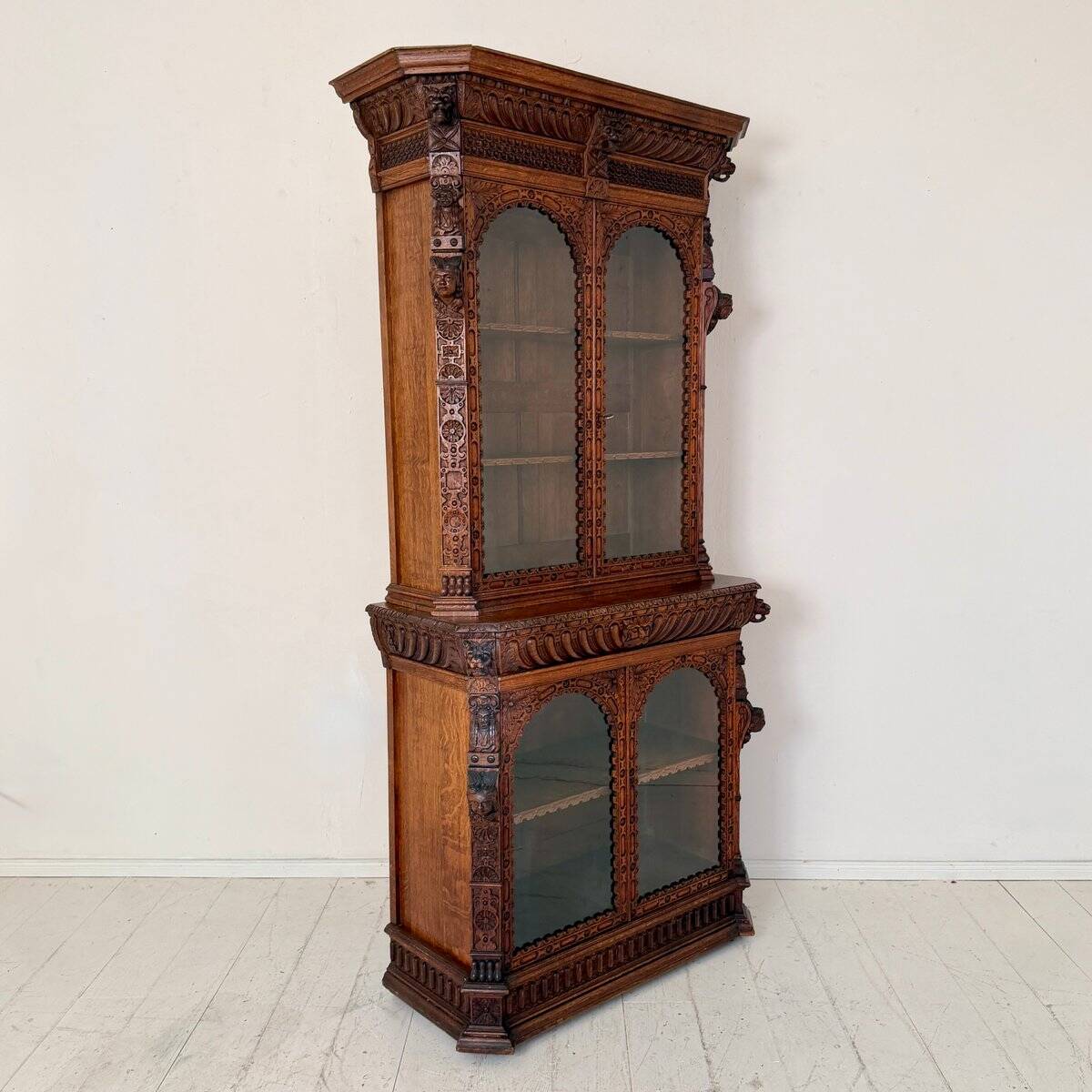 Antique Neo-Renaissance Oak Bookcase with Figural Carvings, 1870