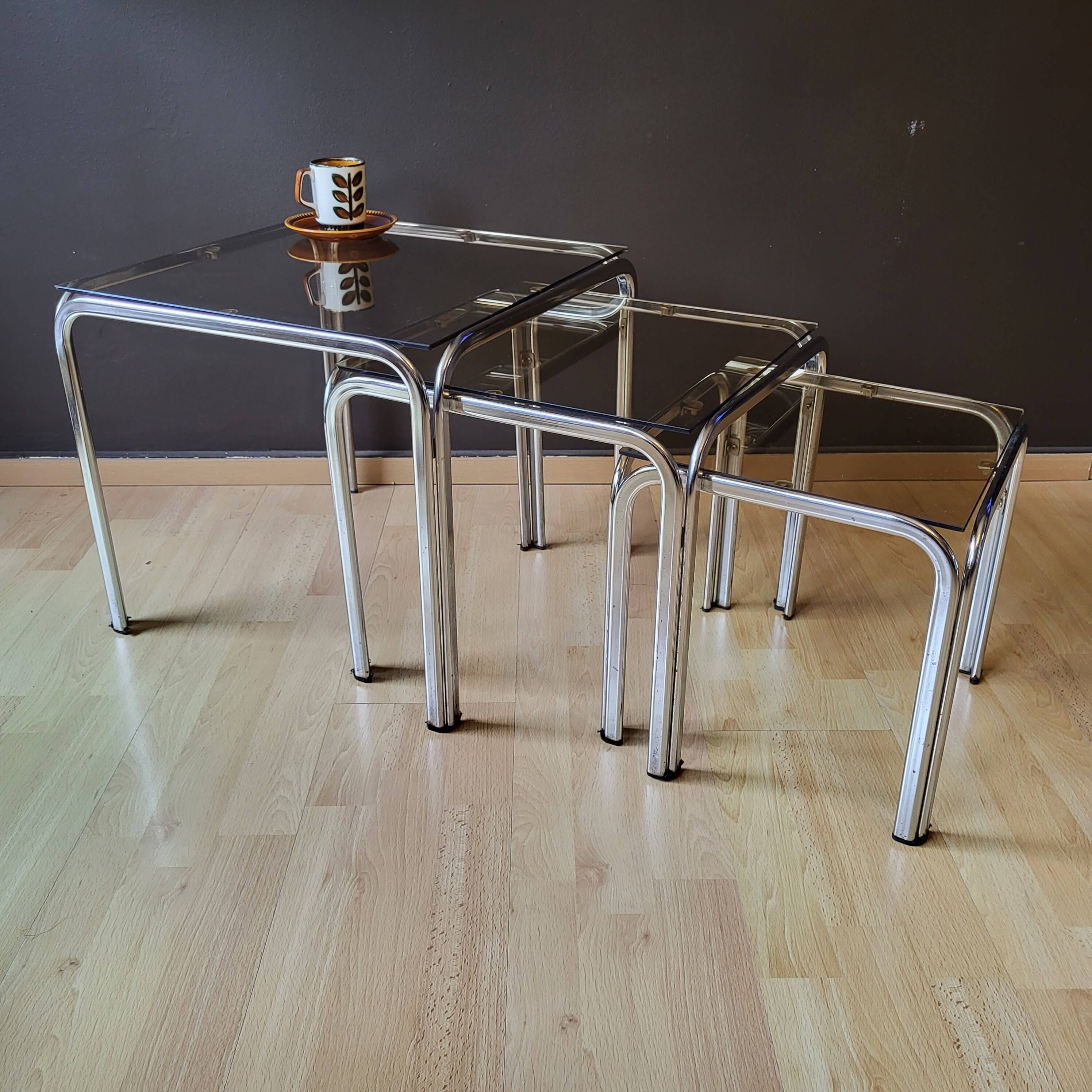 3 Vintage Chrome Nesting Coffee Tables 70'