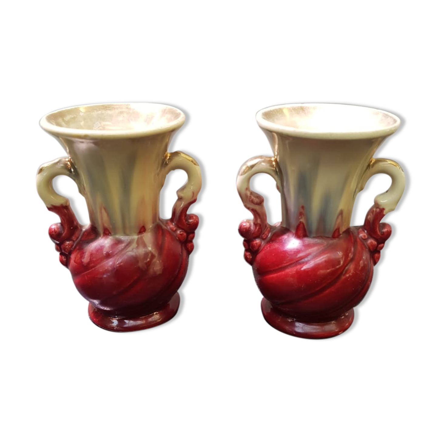 Pair of old beige & red ceramic vases