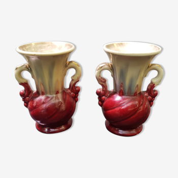 Pair of old ceramic vase beige & red