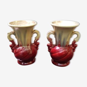 Paire de vases ancien céramique beige & rouge