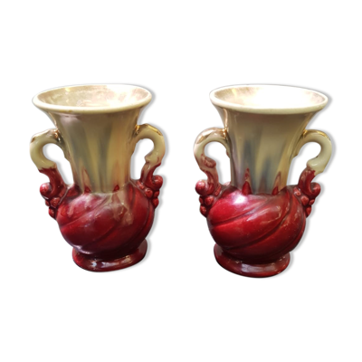Paire de vases ancien céramique beige & rouge