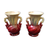 Paire de vases ancien céramique beige & rouge