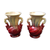 Paire de vases ancien céramique beige & rouge