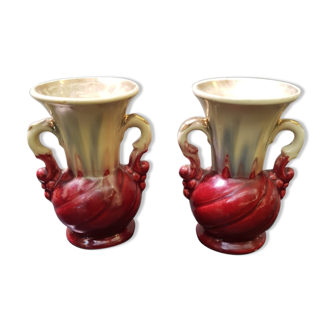 Paire de vases ancien céramique beige & rouge
