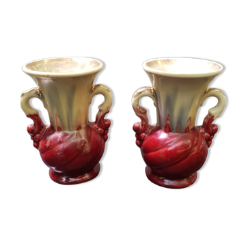 Paire de vases ancien céramique beige & rouge
