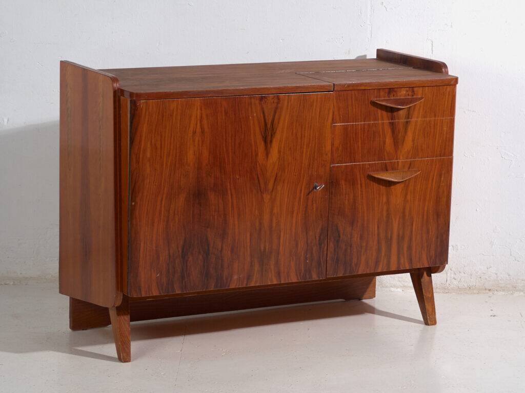 Mid-century walnut veneer sideboard with triangular handles – Czechoslovakia, circa 1960