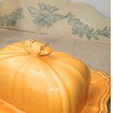 Antique yellow ceramic butter dish with bee decor, vintage Provençal style