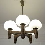 Vintage pendant lam rustic hanging mushroom chandelier wooden light 1970s